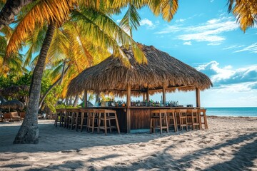 Fototapeta premium Tropical Beach Bar Under Palm Trees