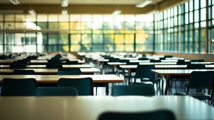 Empty school cafeteria tables during off-peak hours, a serene moment of reflection on the passage of time and the transient nature of youth.