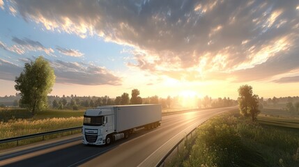 Truck driving on highway at sunset. (1)