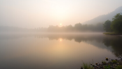 Fototapeta premium Mist-kissed River winds through the tranquil landscape, bathed in the soft glow of the rising sun