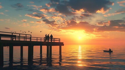 Obraz premium A scenic view of a pier at sunset with people enjoying the beautiful weather.