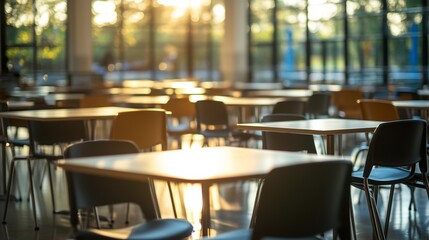 Empty school cafeteria tables during off-peak hours, a serene moment of reflection on the passage of time and the transient nature of youth.