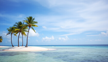 A picturesque tropical seascape with swaying palm trees, pristine white sand, and crystal-clear ocean water