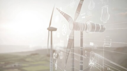 Wind turbines with digital overlay illustrating renewable energy concepts.