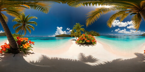 Obraz premium Full 360 degrees seamless spherical panorama HDRI equirectangular projection of An idyllic tropical paradise. Texture environment map for lighting and reflection source rendering 3d scenes.