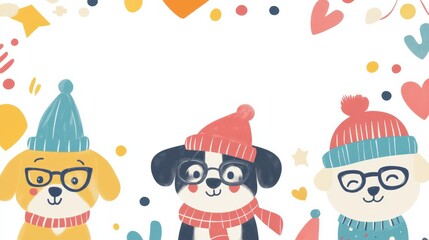 Three charming dogs are illustrated wearing bright hats and glasses, surrounded by playful doodles of hearts and stars in a cheerful setting. Generative AI