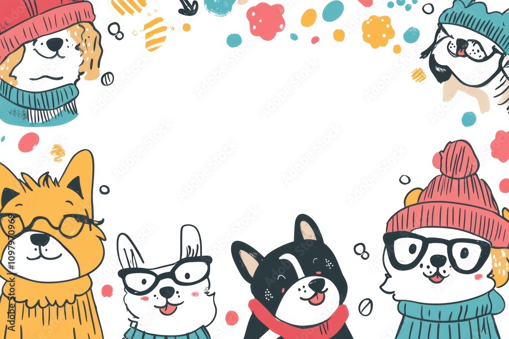 Poster colorful doodles showcase various dogs wearing hats and glasses, creating a joyful atmosphere with v