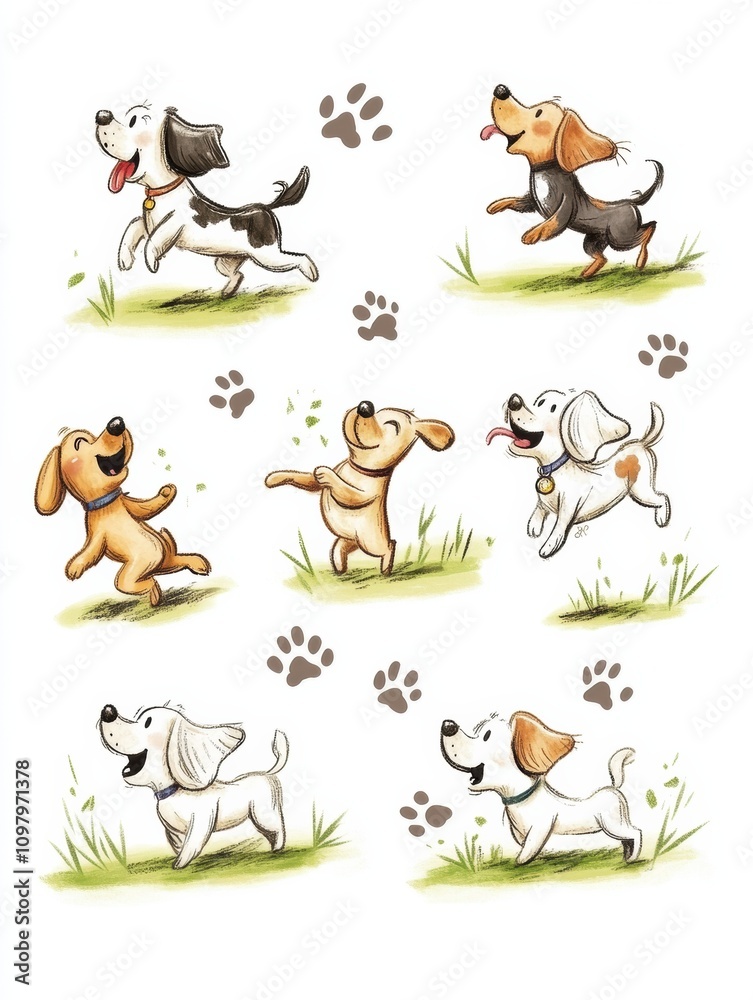 Poster Various dogs with different expressions run and play joyfully in a grassy area, showcasing their fun-loving nature and energy. Generative AI
