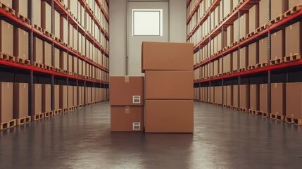 Storage area filled with stacked boxes on pallets, showcasing efficient warehouse organization and inventory management.