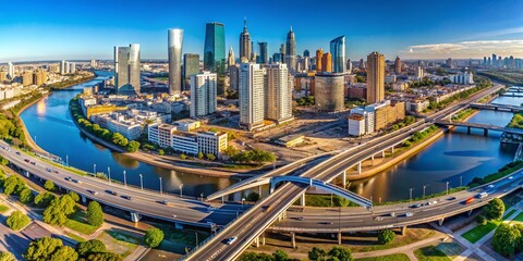 Fototapeta premium Stunning Aerial View of Puerto Madero Flyover Infrastructure in Buenos Aires, Showcasing Modern Architecture and Urban Development in a Vibrant City Landscape