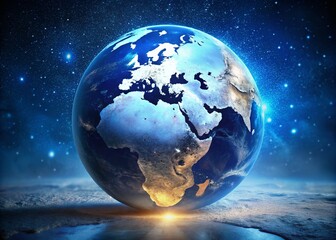 Fototapeta premium Stunning Blue-and-White Globe with Detailed Relief of Earth Surrounded by Atmospheric Glow and Starry Night Sky in High Depth of Field Photography