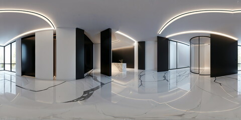 Full 360 degrees seamless spherical panorama HDRI equirectangular projection of black and white modern interior. Texture environment map for lighting and reflection source rendering 3d scenes.	