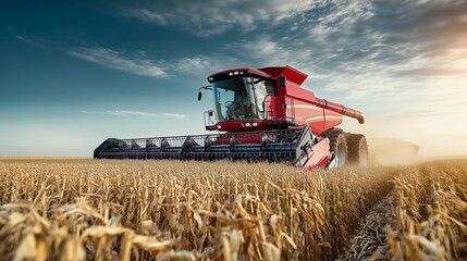 Obraz premium Powerful Red Combine Harvester in Action on Expansive Golden Wheat Field Underneath Clear Blue Sky