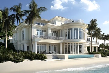 A luxurious beachfront mansion with expansive windows and a pool, surrounded by palm trees.