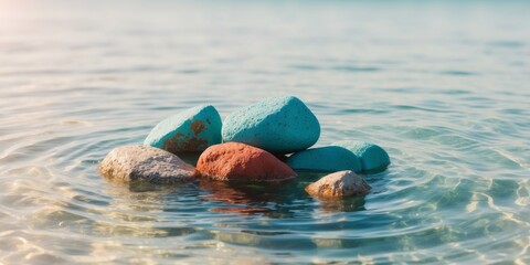 A group of colorful rocks under water in the ocean.