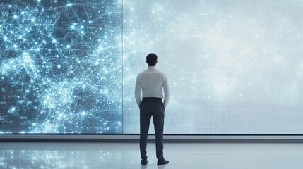 Fototapeta premium confidently in front of a large digital screen displaying quantum AI models and analytics