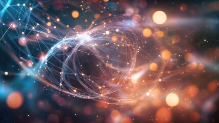 Obraz premium geometry featuring a floating grid-like structure composed of interconnected nodes and lines. Each node emits a soft glow, representing energy levels,