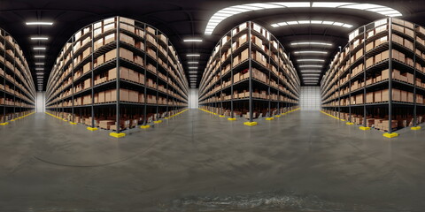 Full 360 degrees seamless spherical panorama HDRI equirectangular projection of large warehouse with shelves. Texture environment map for lighting and reflection source rendering 3d scenes.	