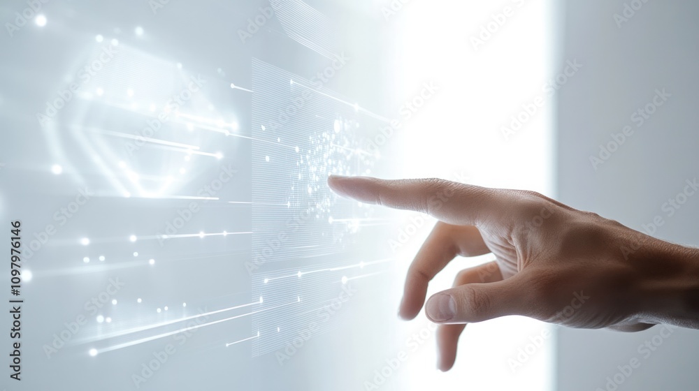Poster a hand interacting with a transparent touchscreen interface featuring quantum ai data visualizations