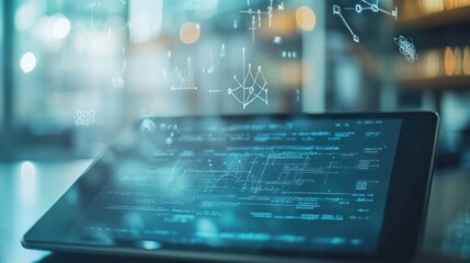 a digital tablet displaying complex quantum equations and graphs, surrounded by mathematical symbols floating in the air.