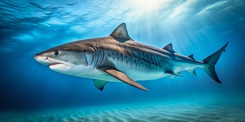 Fototapeta premium Stunning Macro Photography of a Tiger Shark Isolated on a Clean Background, Showcasing Its Unique Features and Patterns for Aquatic Life Enthusiasts and Educators