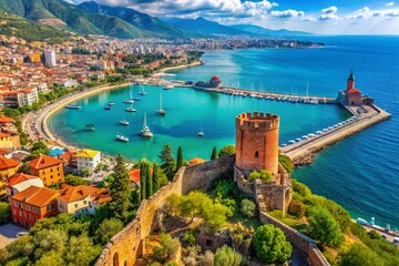 Naklejka premium Stunning Panoramic View of Alanya, Turkey Showcasing the Mediterranean Sea, Historic Red Tower, Lighthouse, and Alanya Castle for a Dream Vacation Postcard Background