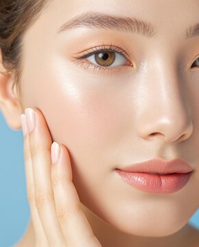 Beautiful Asian woman with glowing hydrated skin touching her face on blue background