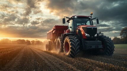 Obraz premium Powerful Red Tractor Drives Through a Field at Sunset With Dramatic Sky Enhancing the Landscape and Agricultural Scene