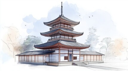 Obraz premium Artistic Portrayal of a Traditional Japanese Pagoda With Clean Architectural Lines Set Against a Serene Background