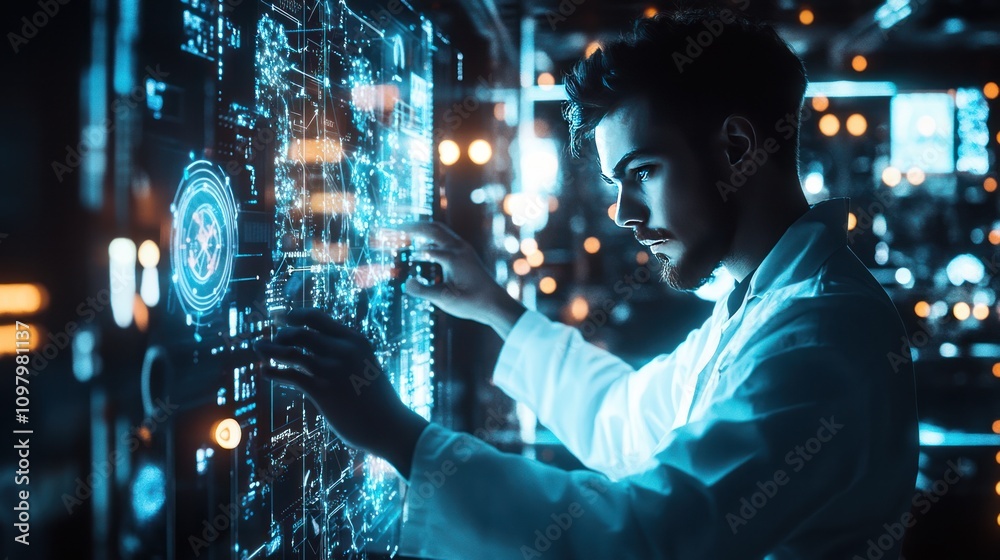 Poster filled with advanced technology, showcasing a quantum engineer working intently on a complex quantum