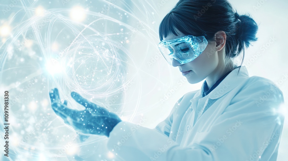 Poster filled with advanced technology, showcasing a quantum engineer working intently on a complex quantum