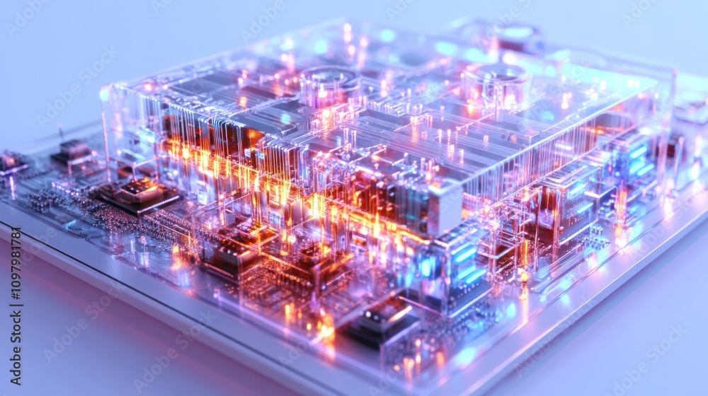 Poster computer integrated with artificial intelligence, featuring glowing circuits and intricate patterns 