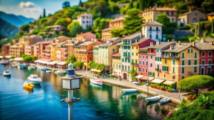 Obraz premium Stunning Tilt-Shift View of Portofino, Italy: White Road Sign on Metallic Poles Welcoming Visitors to the Charming Coastal Town with Its Vibrant Scenery and Breathtaking Views