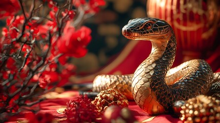 Fototapeta premium Chinese zodiac snake art, elegant earth snake sculpture amidst vibrant chinese new year decor, creating shadows on a colorful backdrop