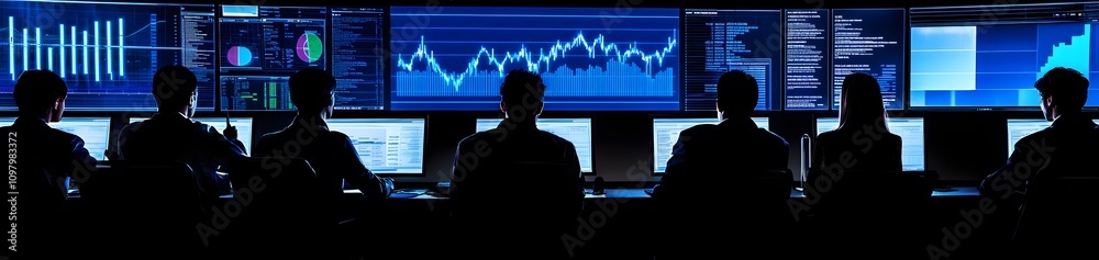 Poster a group of individuals monitoring data on multiple screens in a control room setting.