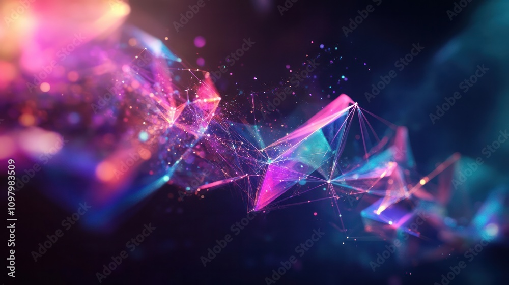 Poster geometry illustrating the concept of entanglement through a web of colorful lines connecting various