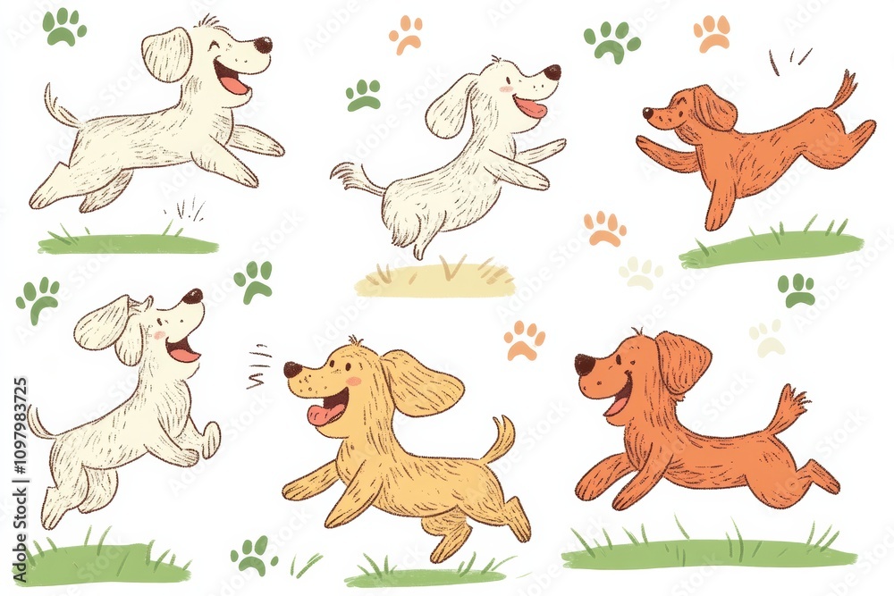 Aufkleber colorful doodles depict joyful dogs running and playing in a grass-filled area, filling the scene wi
