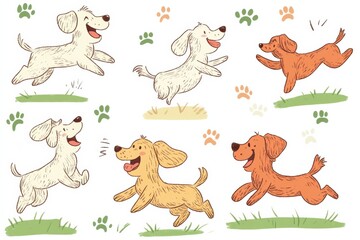 Colorful doodles depict joyful dogs running and playing in a grass-filled area, filling the scene with energy and whimsy. Generative AI
