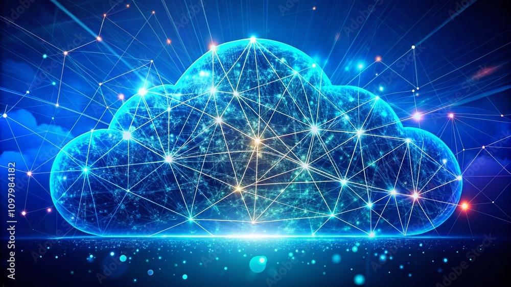 Poster stylized cloud symbol with digital connections on blue background representing cloud computing and d