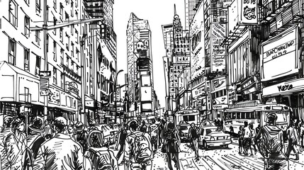 Obraz premium A black and white sketch of Times Square in New York City.