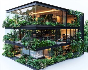 Fototapeta premium Sleek Modern Glass Pavilion with Transparent Roof and Lush Indoor Greenery on White Backdrop