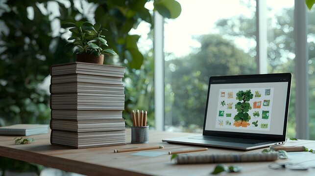 Stacks of recycled textbooks on a natural wood table with soy based ink pens and pencils reusable notebooks with plant based covers