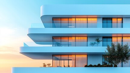 Obraz premium Luxurious Modern Hotel Building with Glass Balconies and Rooftop Pool on White Background