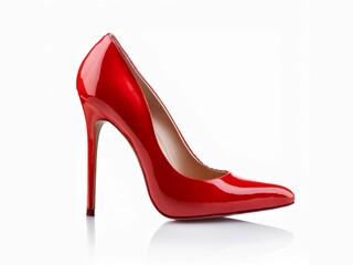 Close-up Red glossy of female high-heeled shoes over white background, Red glossy stiletto heels isolated on white background 