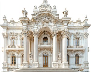 Fototapeta premium Grandiose Ornate Opera House Facade with Intricate Sculptures and Arched Windows on White Background