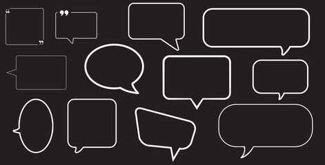 Speech Bubble outline set. empty white speech bubbles. Speech bubble text, cartoon chatting box, message box. Cartoon balloon word design on black background