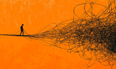 Silhouette of a person walking on a thin line against a vibrant orange background with tangled lines symbolizing thoughts or challenges