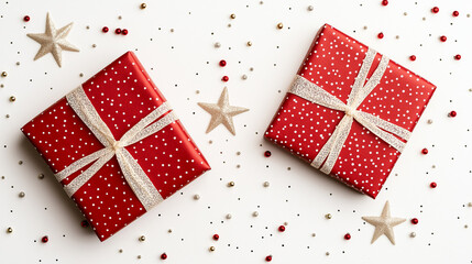 Obraz premium Red Gift Boxes with Gold Stars: A minimalist festive arrangement featuring two red gift boxes adorned with white ribbon and polka dots, scattered amidst shimmering gold stars.