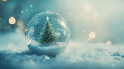Christmas tree in glass ornament with snowflakes and blue background