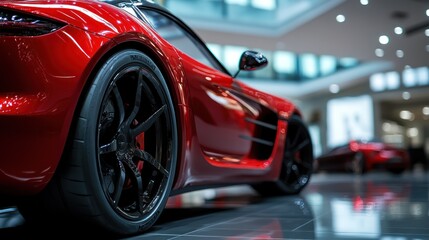 A close-up of a sleek red sports car showcasing its design and details in a showroom setting.